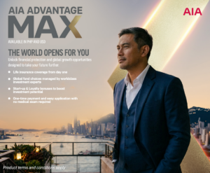 AIA Advantage Max promotional visual with a man in a suit and a city skyline