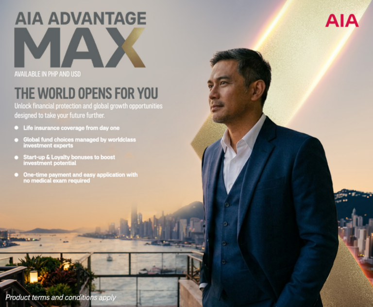 AIA Advantage Max promotional visual with a man in a suit and a city skyline