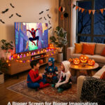 TCL poster of a family watching a big-screen TV in a Halloween-decorated living room